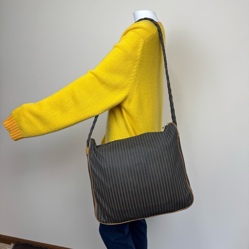 Fendi Zucca Stripe Canvas Shoulder Crossbody Logo Bag Brown Black Vintage - Picture 4 of 17